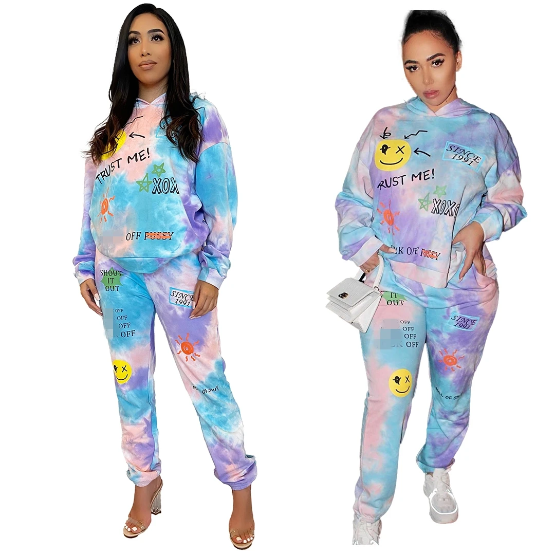 

Women Tie Dye Smile Print Sweatshirts Two Piece Set Long Sleeve Crew Neck Sweatshirts 2 Piece Outfits Suit, 2 colors