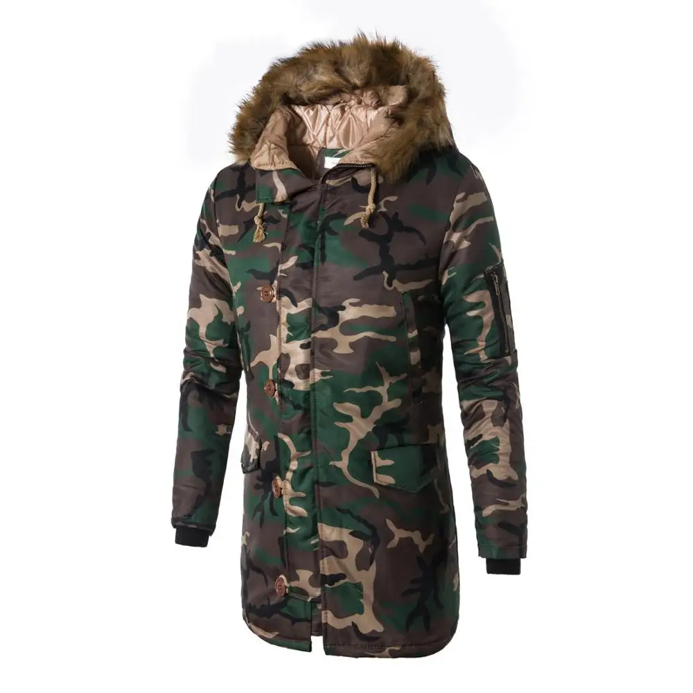 

Stylish Puffer Down Jacket Mens Winter Trench Camo Long Coat Fur Hood Print Doudoune