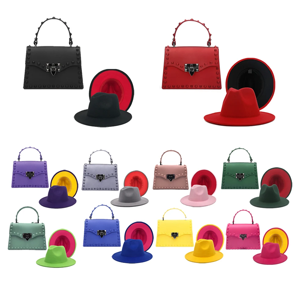 

2021 Trendy Rivet PVC Mini Purses and Handbags Jelly Candy Crossbody Handbag Tote Handbag and Fedora Hats set for Kids Women