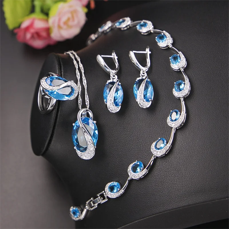 

Fashion Oval Blue Cubic Zircon Jewelry Sets For Women Wedding Earrings/Pendant/Necklace/Ring, Customized color