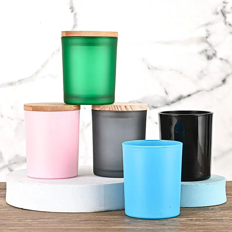 Customized Manual Frosted Colorful Glass 430ml Candle Holder Glass Candle Jar for Home Decoration