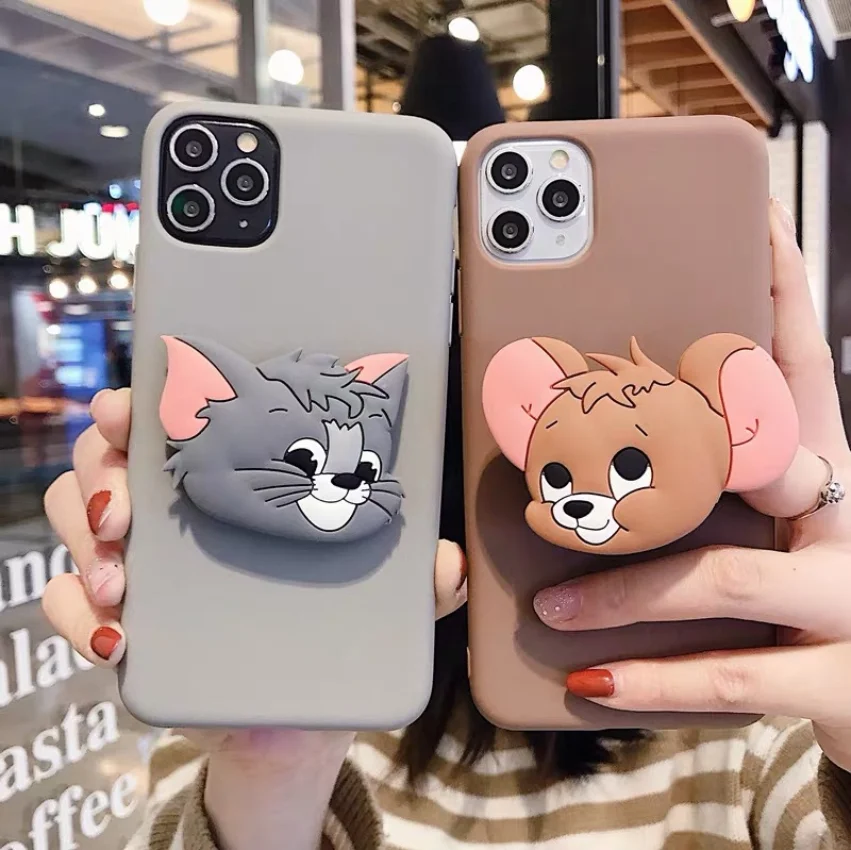 

For iPhone 11 Pro Max 11 Xs 7 8 Cute Funny Cat and Jerry Mouse 3D Grip Holder Support Case, Colorful