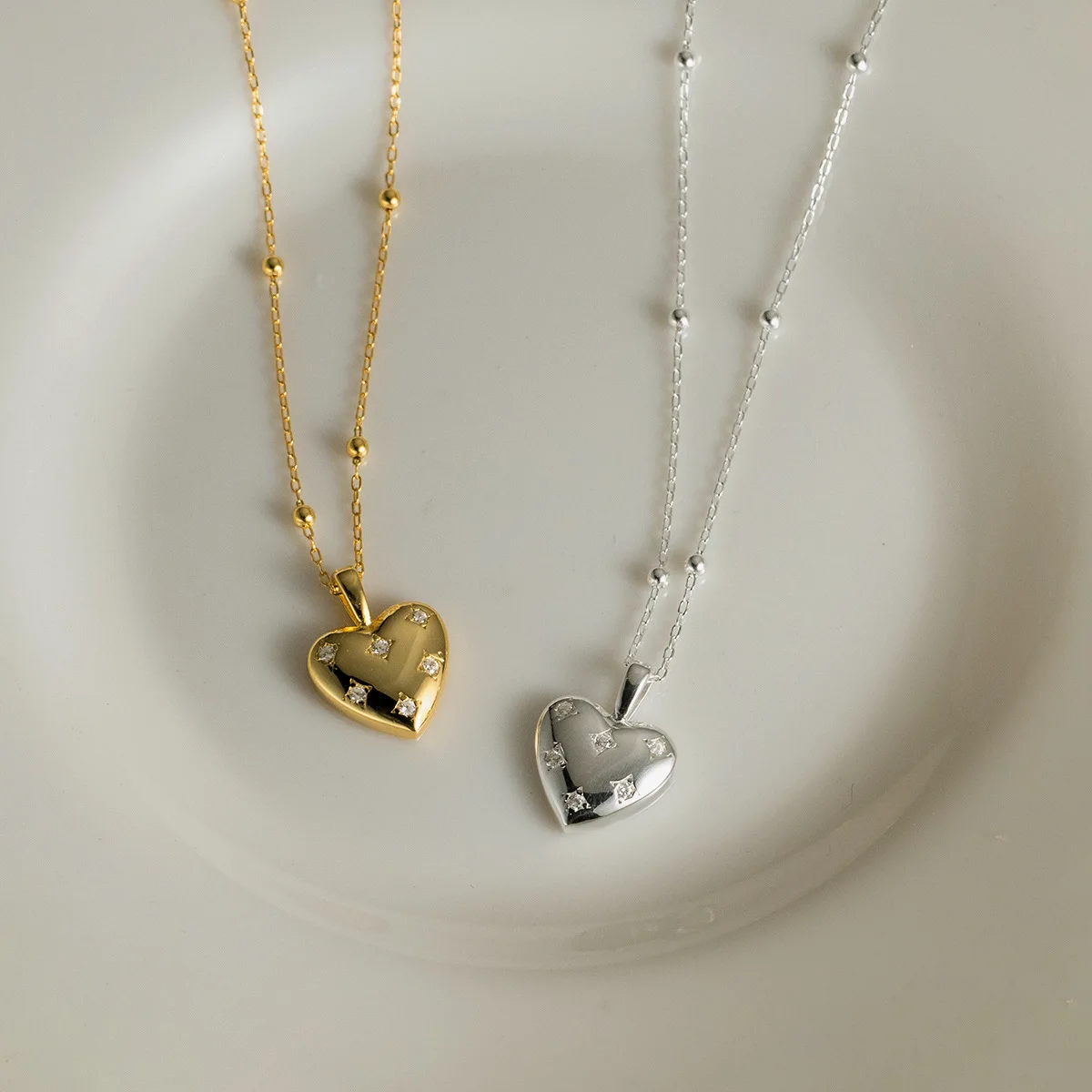 Fine Jewelry Necklaces 925 Sterling Silver Heart Zircon Necklace Heart Star Pendant Gold Plated Bead Necklaces for Women