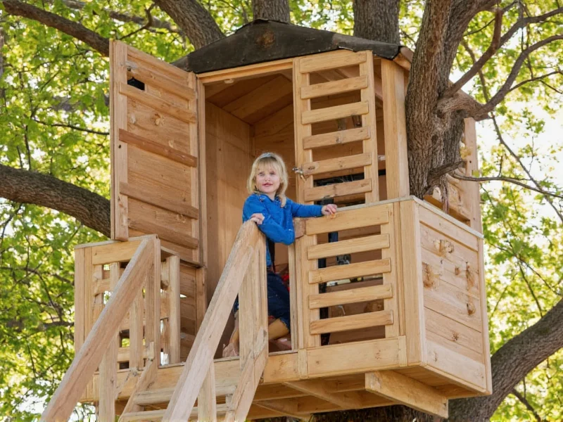 Child playing safely in a wooden tree house with guardrails