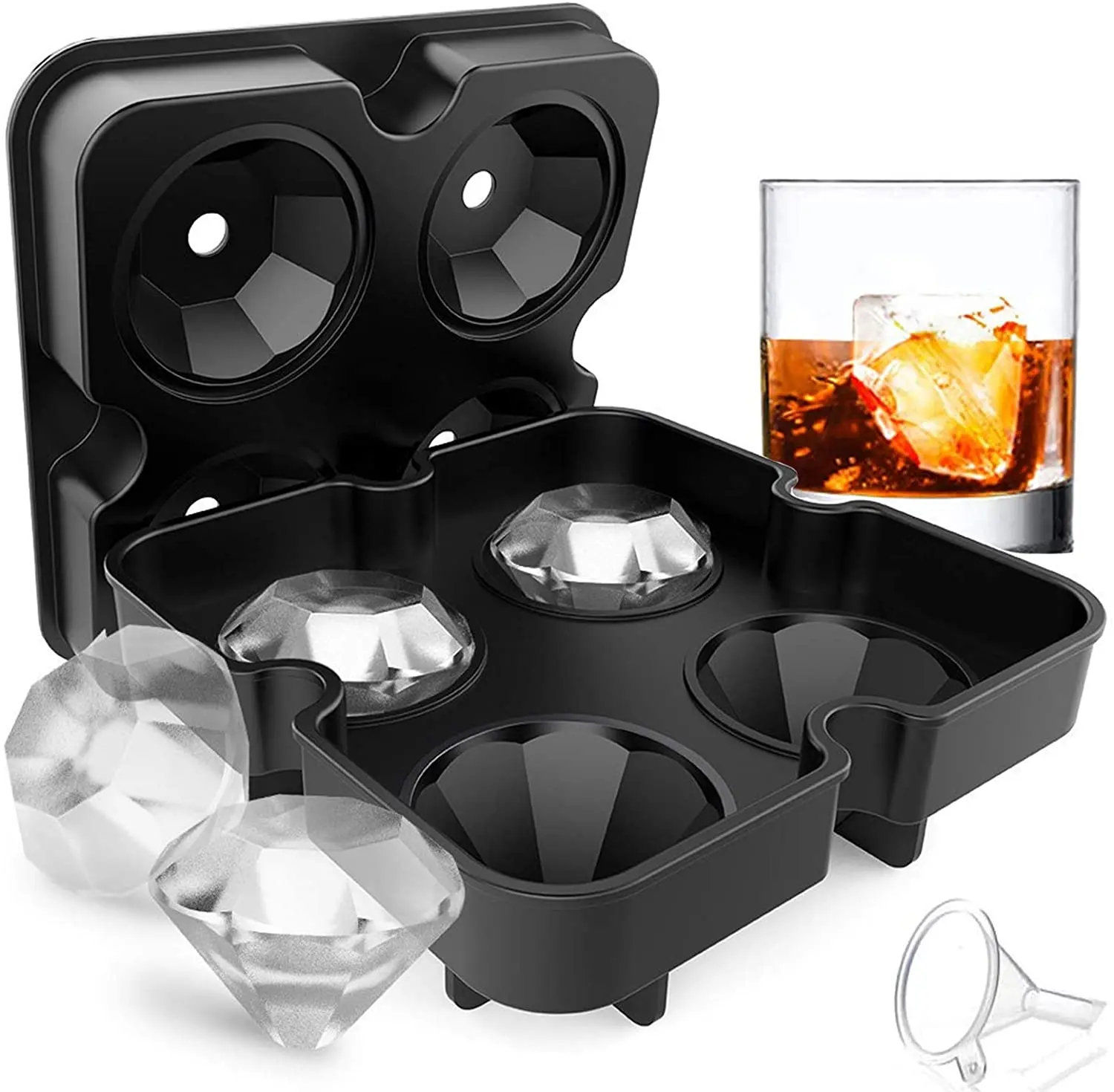 

Reusable and BPA Free Diamond Silicone Ice Cube Mold 4 Cavity Large Sphere Mold Whiskey Ice Cube Tray with Lids, Black, blue