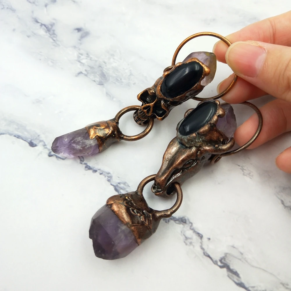 

dubai wholesale real stone jewellery antique bronze plated crystal healing amethyst pendant connectors ox head skull charm diy, As picture shows