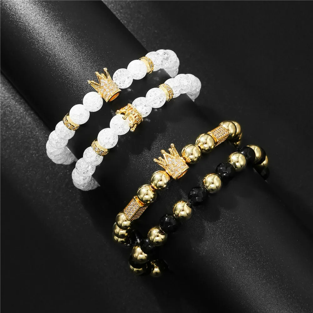 

Hot Selling CZ Mirco Pave Crown Charm Crack Crystal Stone Beads Handmade Men Women Couples Macrame Bracelet