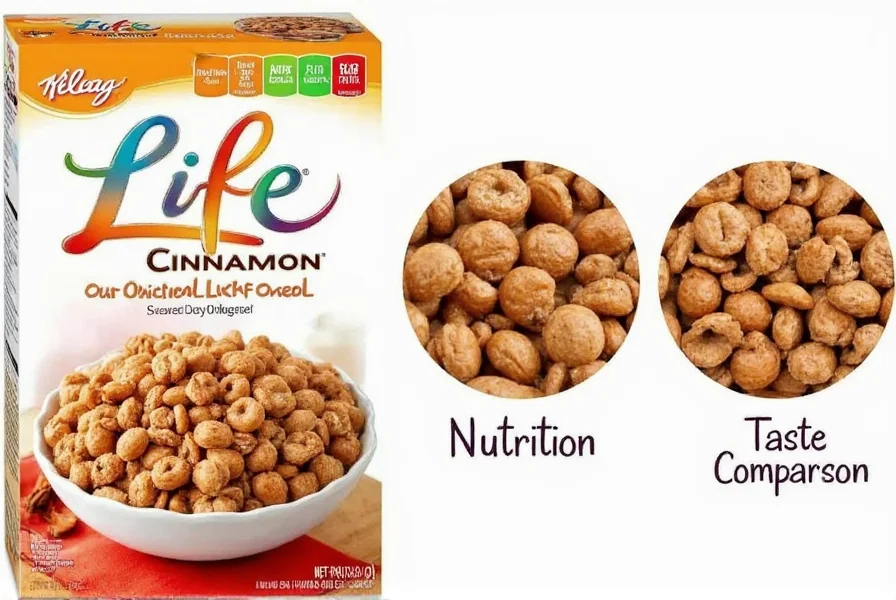 Close-up photo of Life Cinnamon Cereal in a bowl with milk showing the square-shaped pieces and light brown color