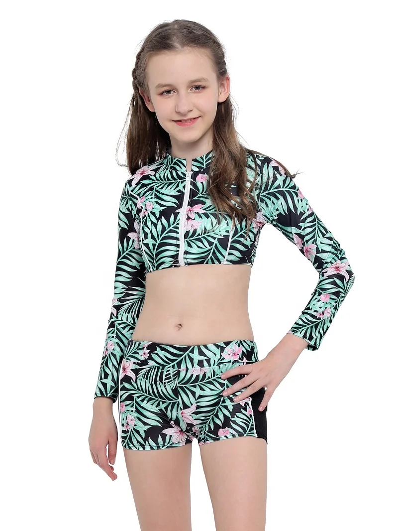 

Girls Long Sleeves Patterns Printed Zipper Front Top With Shorts Bottoms Two Pieces Swimsuits