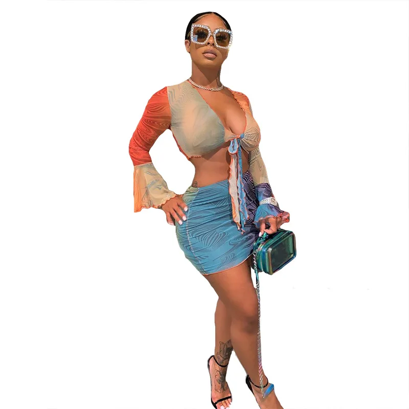 

2021 New arrivals summer collection women sexy long sleeve and skirt two piece set women clothing