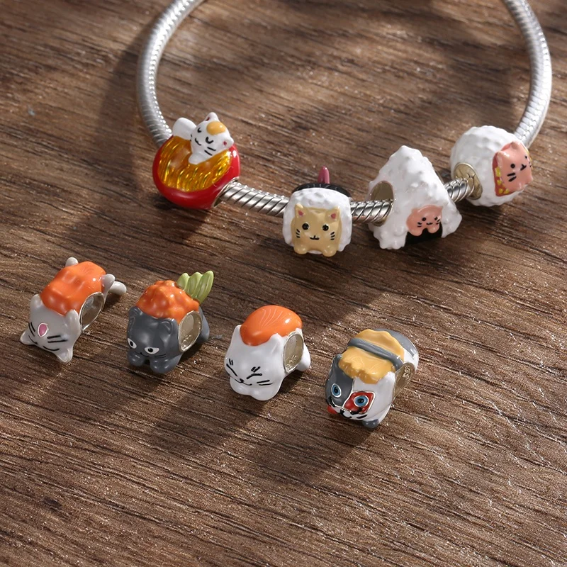 

Real 925 sterling silver Sushi Food Series Cat Shape White Enamel Beads for DIY Bracelet Making Original Women Fine Jewelry