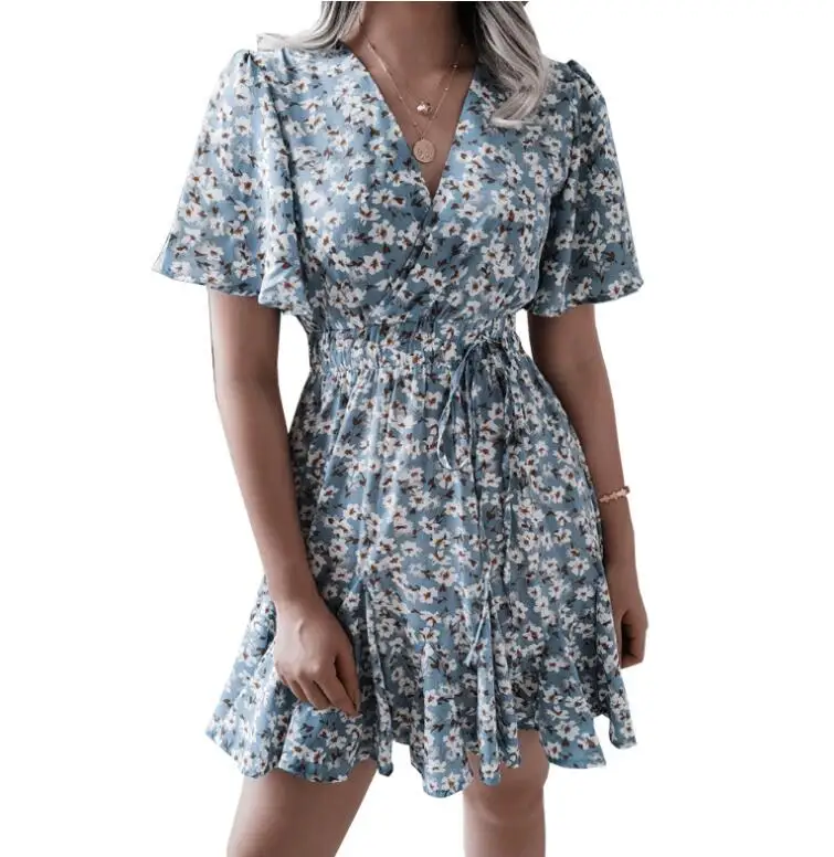 

Womens Summer Floral Print V Neck Chiffon Elegant Mini Boho Ruffle Swing Dress Size 3XL