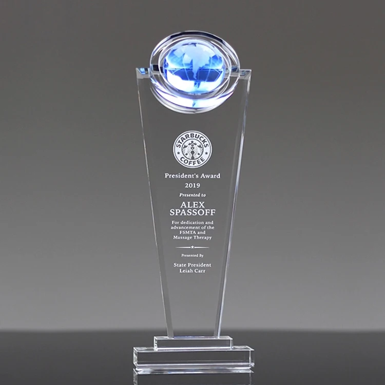 
blue earth awards crystal globe trophies with Custom Logo 