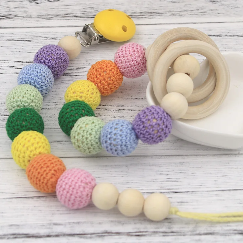 

2pcs/set Baby Crochet Wooden Beads Bracelet Baby Teething Bracelet Pacifier Clip