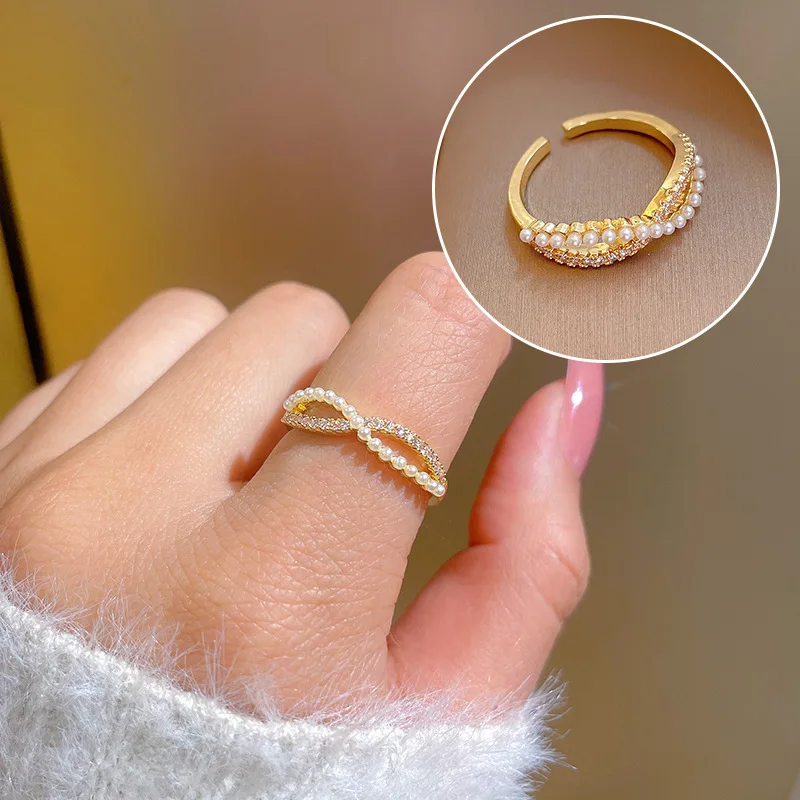 

Newest Arrival Real Gold Plating Fresh Water Pearl Ring Bling Bling Cubic Zircon Geometric Open Ring For Women Girl