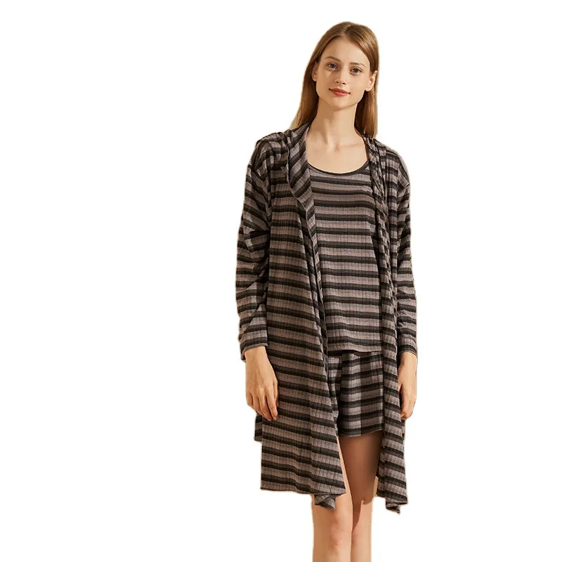 

2021 Spring Summer New Style Striped 3 Piece Luxury Designer Bathrobe Robes Women, Picture show and custom