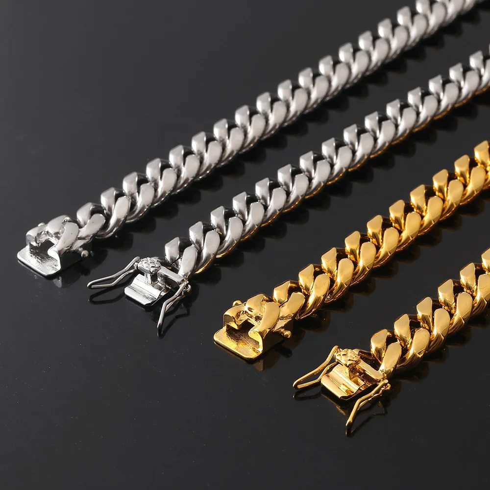 

12mm Hip hop Jewelry High Polished 18K Gold Plated Stainless Steel Cuban Link Bracelet Classic Plain Miami Necklace Bling Rock