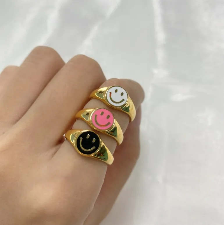 

Trendy Enamel Jewelry Stainless Steel Summer Signet Ring Chunky Ring Multiple Colour Dainty Happy Face Smiley Ring, Gold,rose gold,black and silver