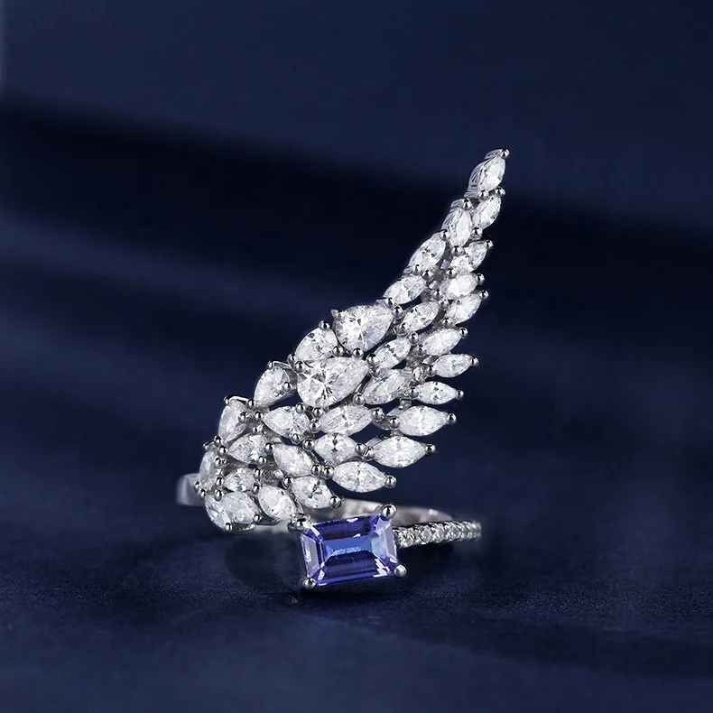 

New Fashion Angel Wing Open Rings Luxury Square Crystal Zircon Jewelry For Women Wedding Party Charm Finger Ring and earrings, Customized color