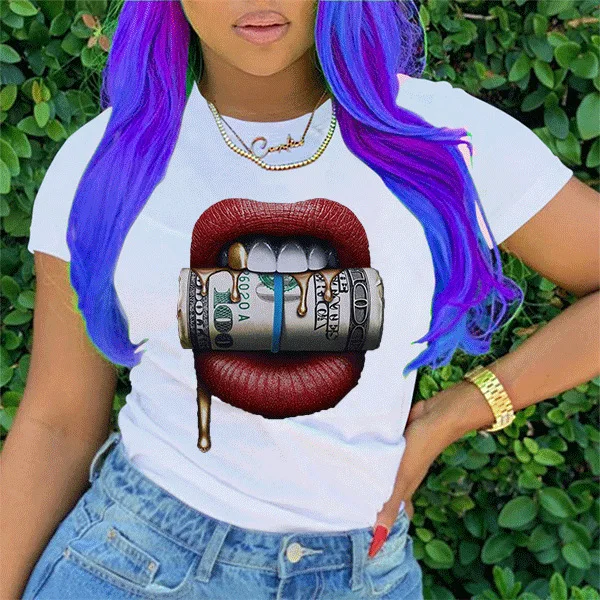 

6 Colors Casual Cotton 4XL O Neck Short Sleeve Plus Size Lip Print T Shirt Women Tops, As picture shows