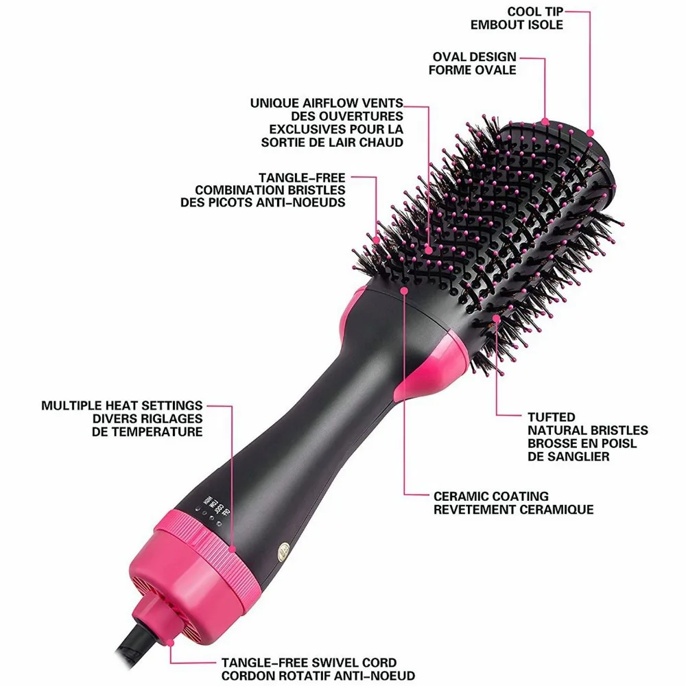 

2 in 1 Multifunctional Hair Dryer Volumizer Rotating Hot Hair Brush Curler Roller Rotate Styler Comb Styling Curling Flat iron, Black