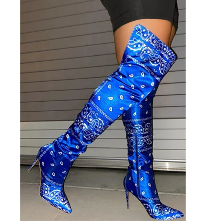 

Trendy Sexy Bandana Winter Boots Over the Knee Thigh High heel Boots for Women, Blue,red and black