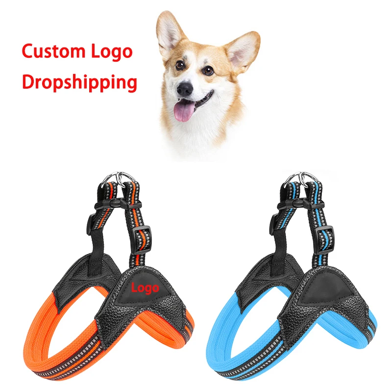 

Designer Custom Luxury No Pull Adjustable Reflective Reversible Nylon Vegan Pu Leather Dog Harness Pet Collar Rope Leash Set, Orange,blue,green,black