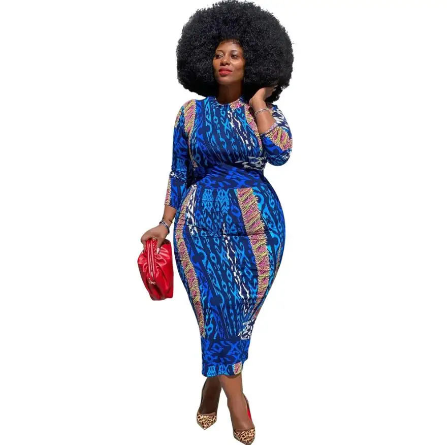 

2021 Spring High Collar Large Size Long Sleeve Midi Dress Africa Women 5XL Plus Size bodycon dress, As picture or customized colors