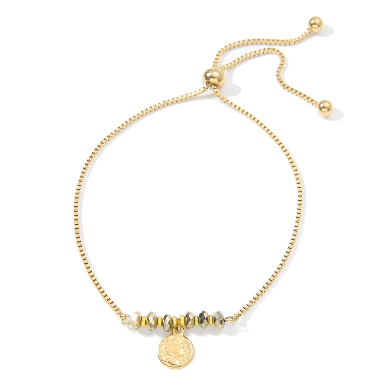 

Newest Trendy Gift Party Stainless Steel Gold Gemstone Portrait Round Pendant Charm Bracelet