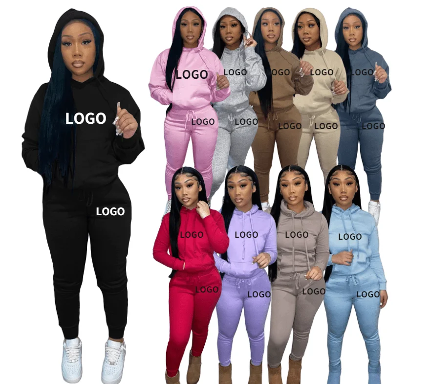 

winter 2021 hoodies custom logo women clothing Plus fleece jogging women polyester tracksuit sweatpants and hoodie set