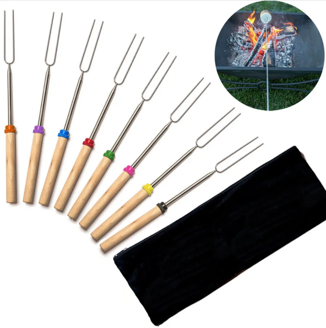 

BBQ Tool Stainless Steel BBQ Sticks Extendable Forks with Wooden Handle Campfire Roasting Sticks