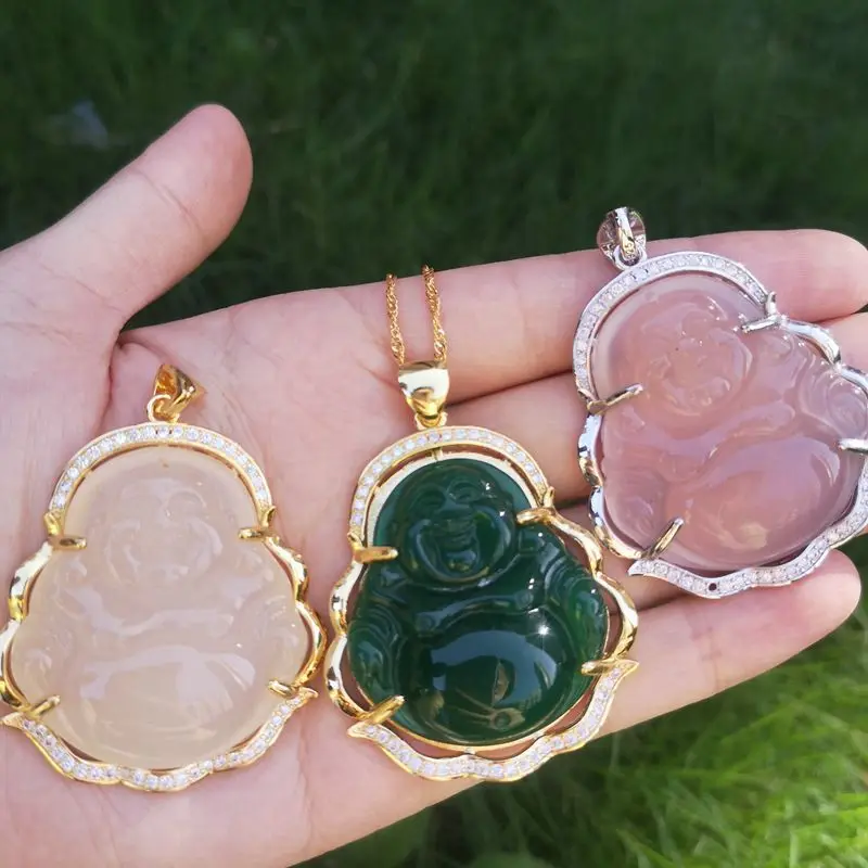 

High Qaulity Big Laughing Buddha Necklace For Women And Men 2021 Natural Stone Jade Necklace Pendant Jewelry, Green , pink , green