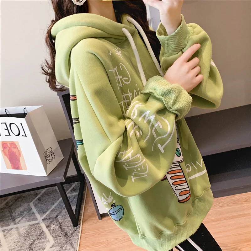 

Autumn and winter plus velvet thick hooded sweater female Korean version of the net red loose graffiti shirt loose lazy wind jac