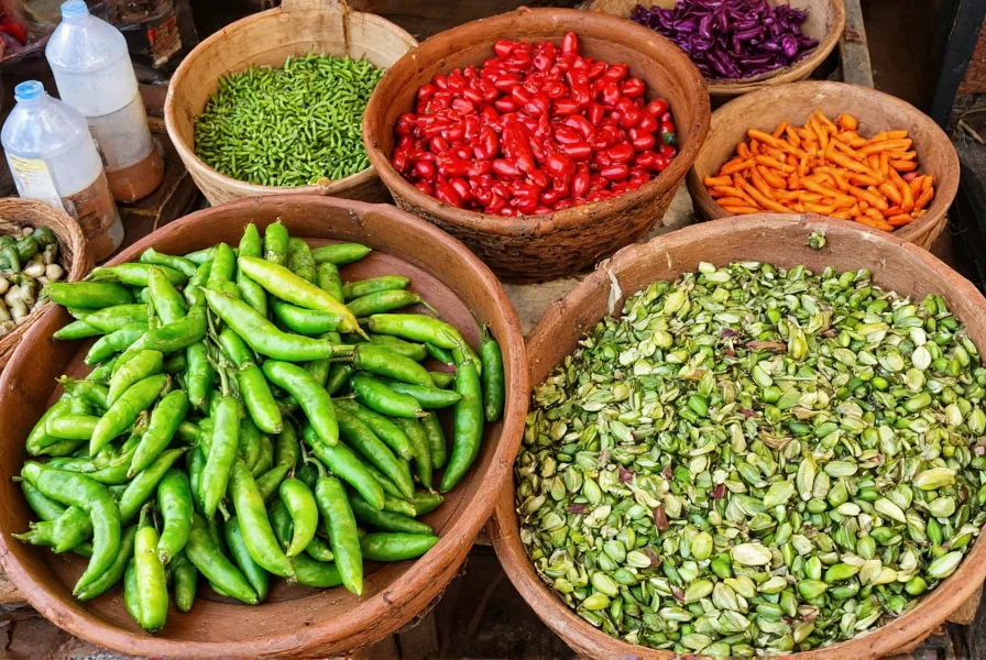Traditional Nigerian market scene showing various pepper soup ingredients including fresh peppers, utazi leaves, and prekese pods