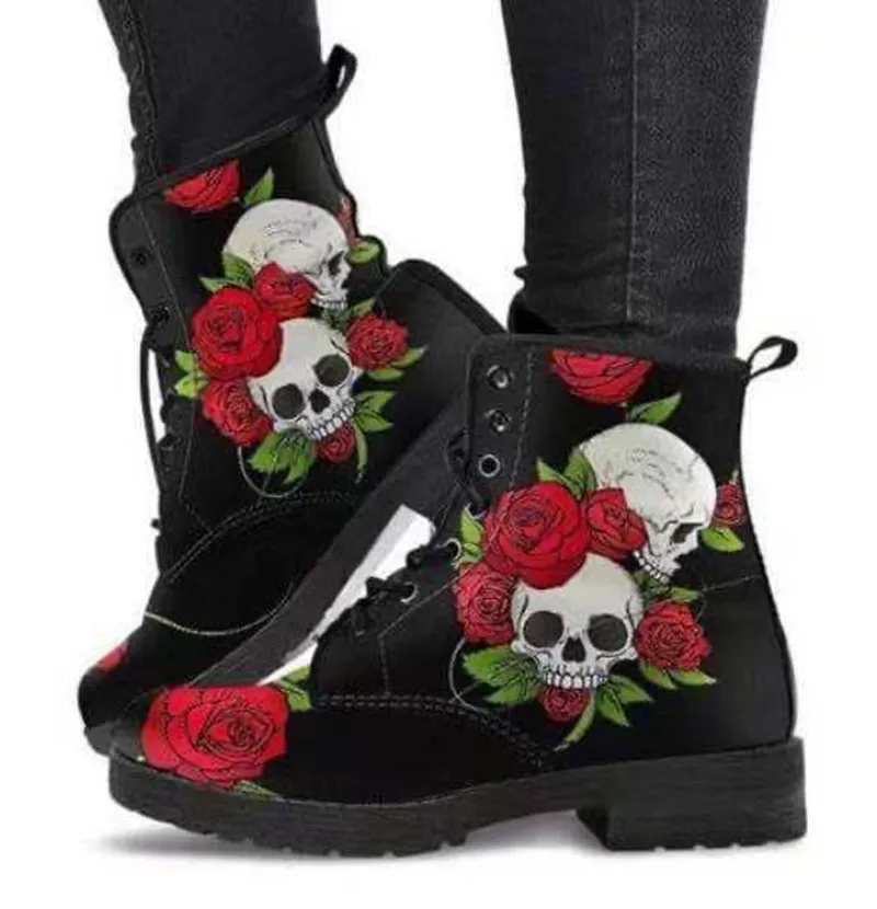 

2021winter boots for women Botas Martin tooling boots large size print ladies high-top skull laceup women martin boots