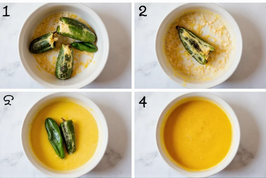 Step-by-step preparation of chili relleno showing roasted poblano peppers being stuffed with cheese and dipped in egg batter