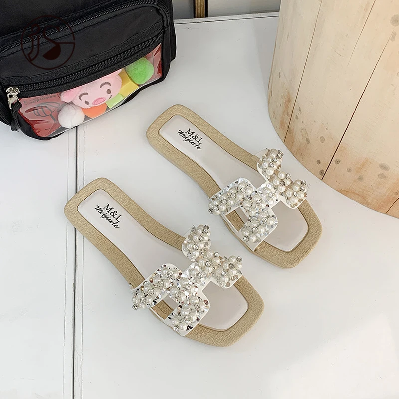 

Pearl drill belt type casual outdoor sandals Flat shoes Women's slippers Delicate beautiful fashion women's sandals