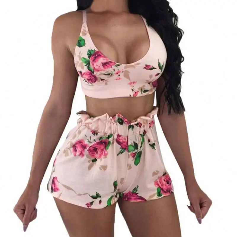

Women Summer Two Piece Set Floral Sleeveless Crop Top Shorts Outfits Summer Casual Female Set Beach Club Clothes