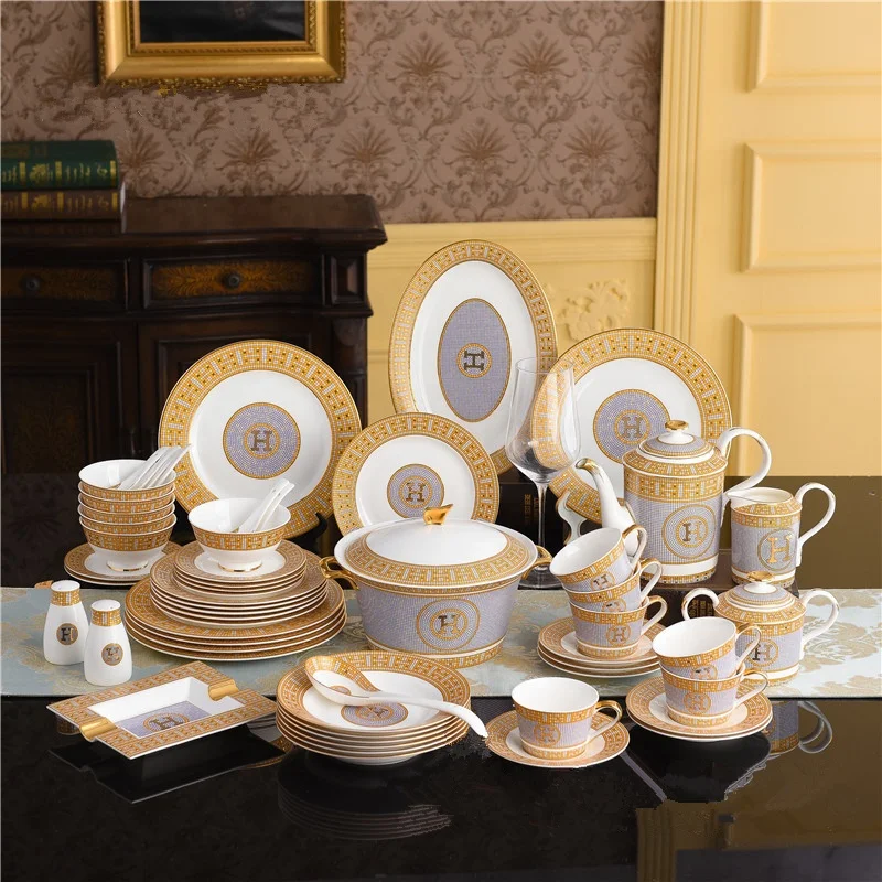 

New Product 58 Pcs Western Luxury Gold Mosaic Bone China Dinnerware Sets