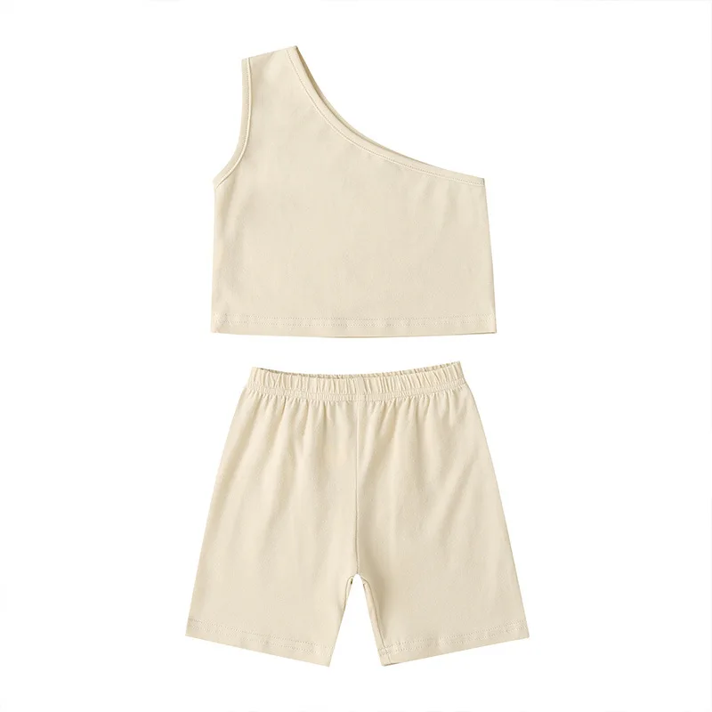 

Girls' summer one shoulder suspender shorts two piece new solid color fashion sleeveless suit, As picture