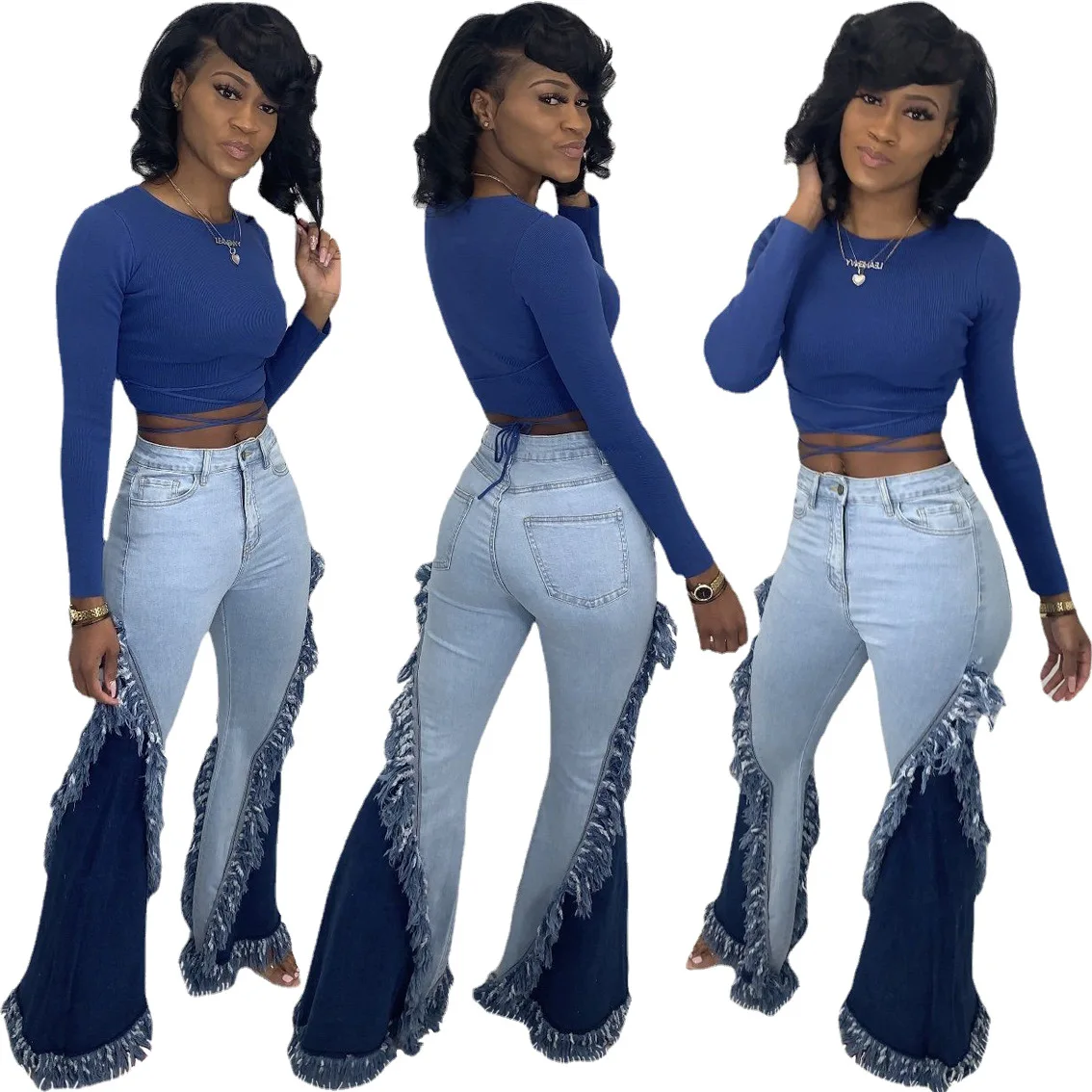 

2021 Trending Denim Flare Side Fringe Jeans Women Bell Bottom Tassel High Waist Jeans Pants Ladies Flare Pants Latest Jeans