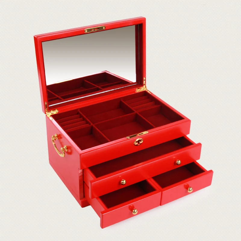 

Solid Wood Jewelry Box With Lock Knot Goods Lattice Watch Storage Box Multi-Layer Flannelette Wedding Box, Picture colors