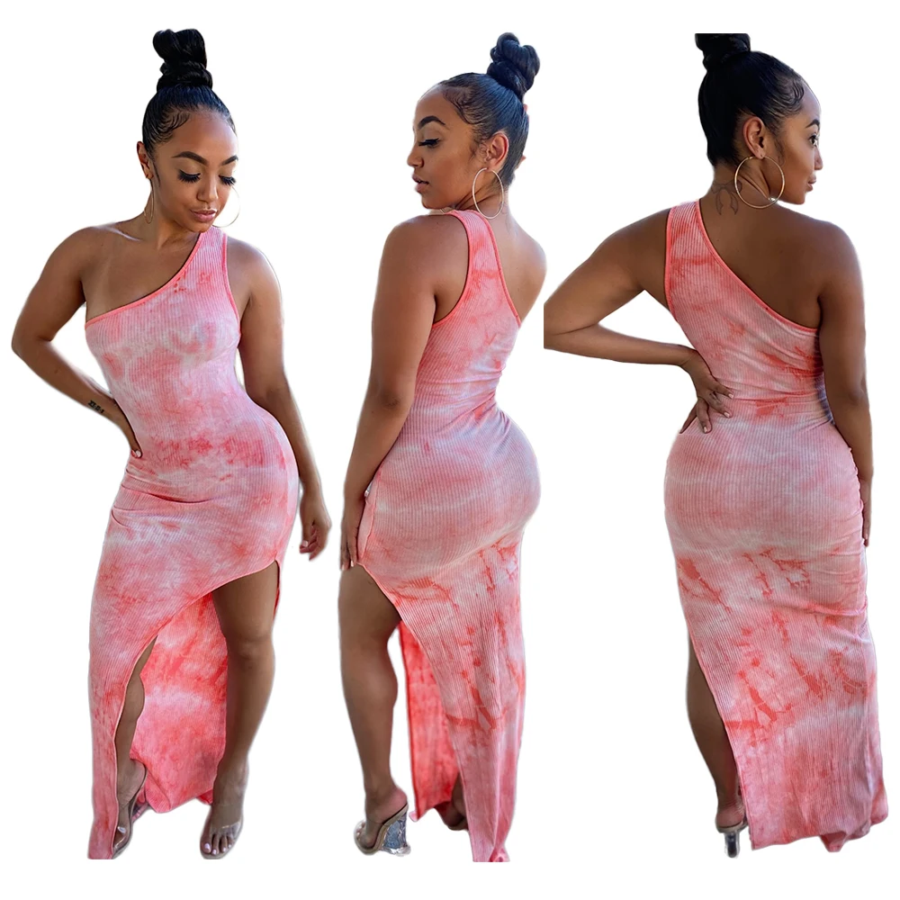 

SH7199 New arrival women's sexy fashion tie dye printed one shoulder dress plus size summer dress 3XL 4XL