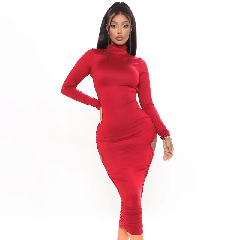 

Women's spring 2021 new high-necked long-sleeved open back diamond-shaped hollow red one-piece dress
