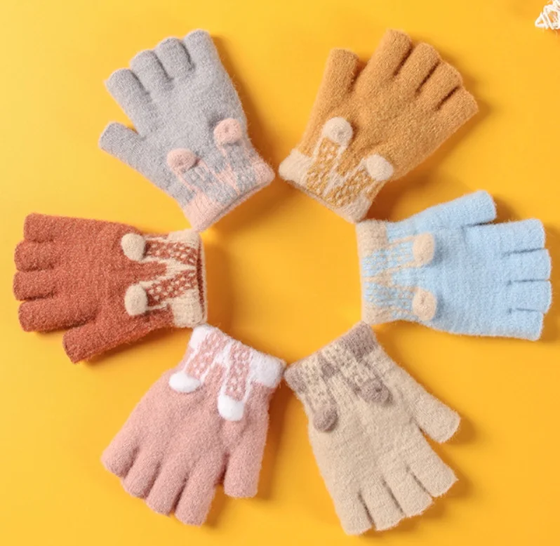 

4-8 Years Winter Gloves Kids Warm Children's Mittens Half Full Finger Cartoon Knitted Gloves For Toddler Girl Boy Child Glove, Black