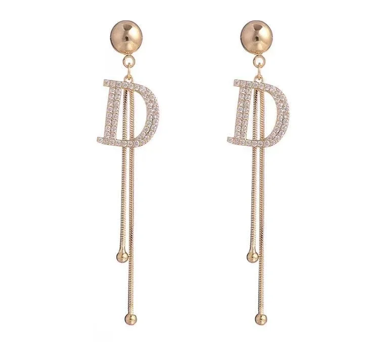 

2021 Trendy Jewelry 18k Plating D Shaped Letter Dangle Earrings Women Fashion Jewelry Long Tassel Earrings