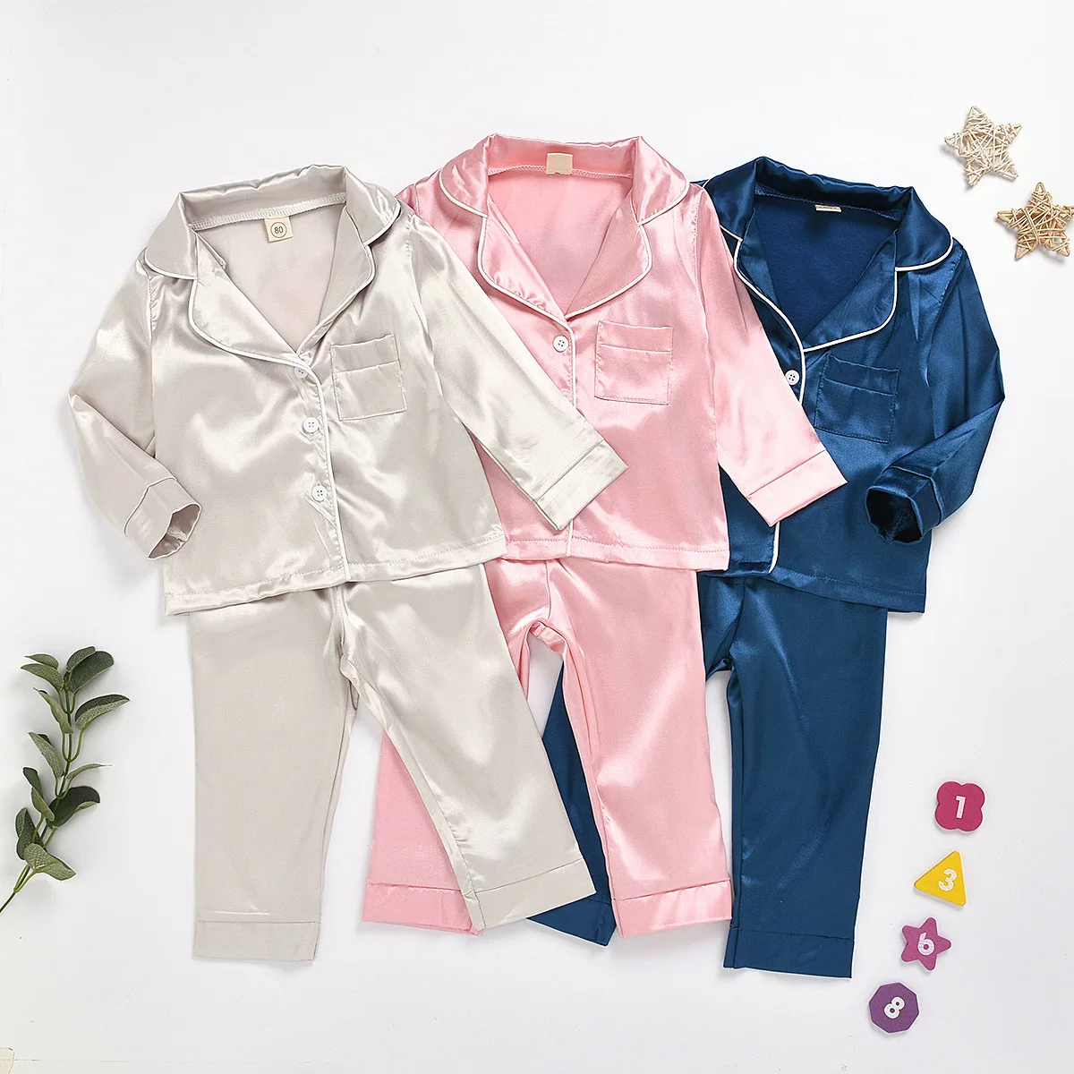 

Wholesale Cotton Sleepwear Set Solid Color Girls Pyjamas Satin Kids Pajamas, Picture shows