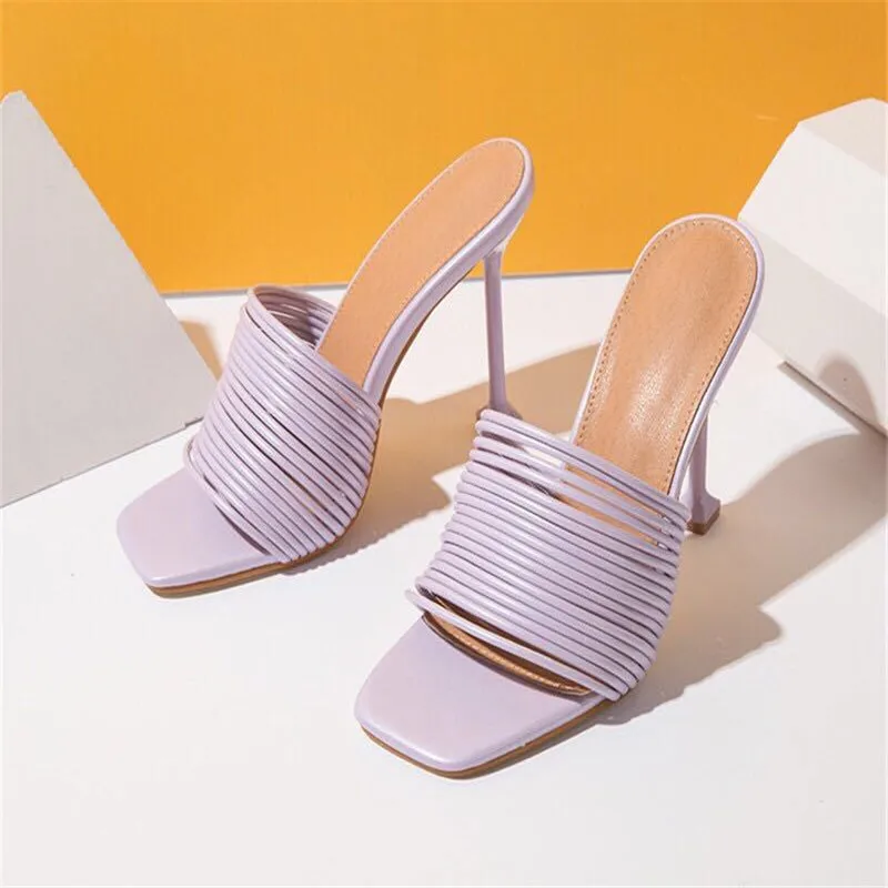 

High recommend multi-strap thin heel women slides slippers summer fashion sexy lady mules square peep toe female sandals