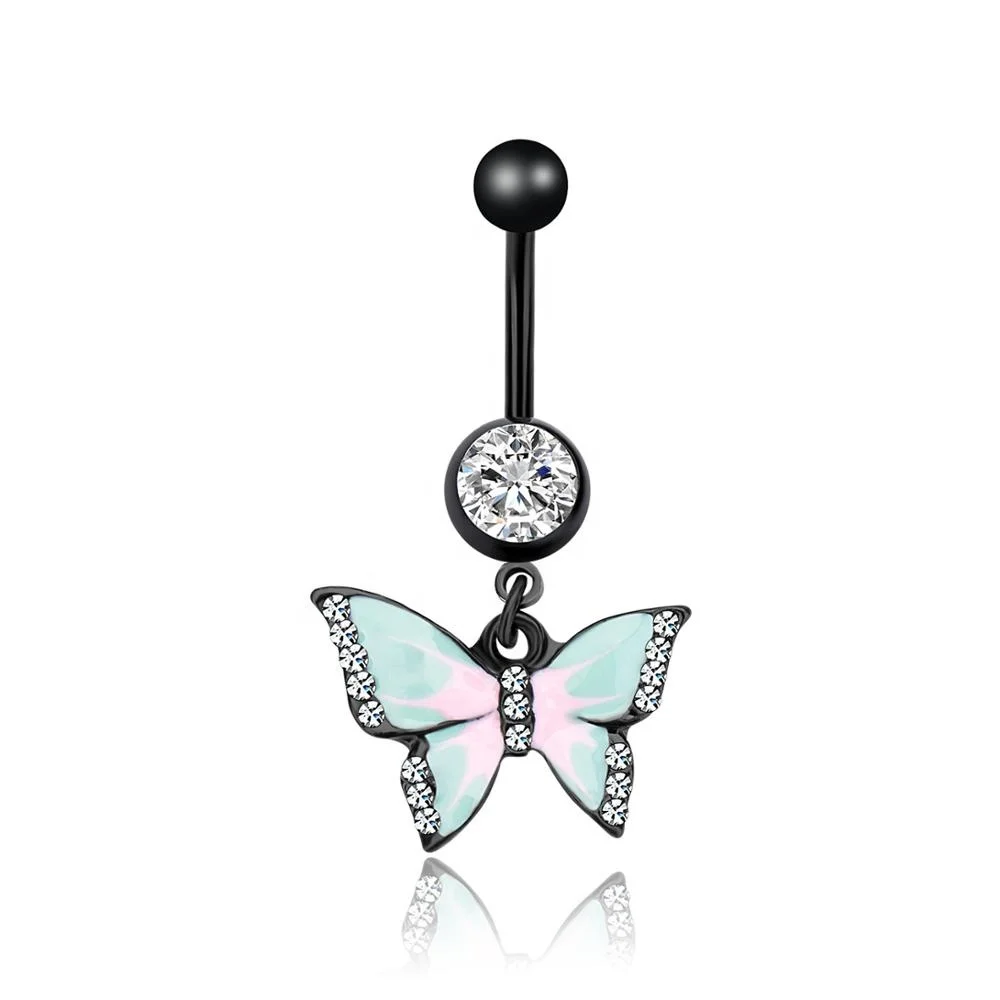 

Colour Butterfly Crystal Belly bar Surgical Steel Button Body Piercing Navel Dripping Butterfly Navel Ring Navel Nail Nail Pierc, As shown