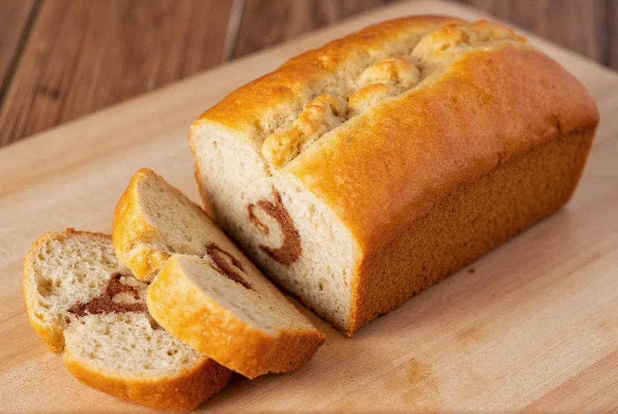 Perfectly baked cinnamon bread with golden crust and visible swirls on cutting board